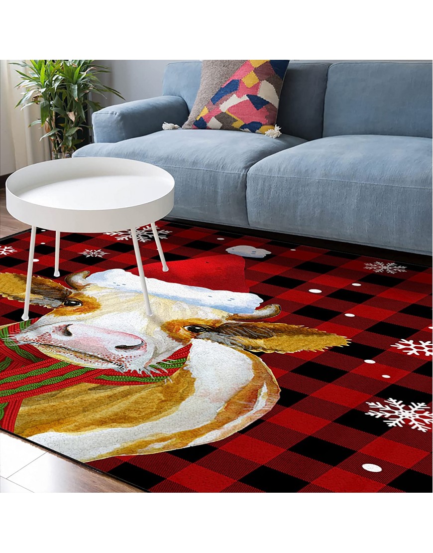 Soft Area Rugs for Bedroom Merry Christmas Funny Farm Cow with Xmas Hat Snowflake Sky Red Check Plaid Washable Rug Carpet Floor Comfy Carpet Kids Play Mats Runner Rug for Floor Accent Home Decor-