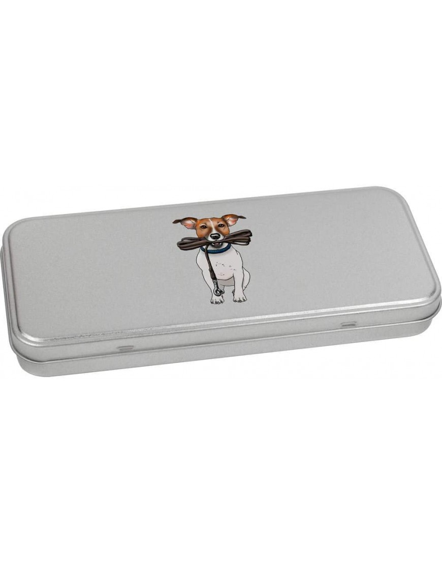 Azeeda 'Jack Russell Holding Lead' Metal Hinged Stationery Tin Storage Box TT00145634