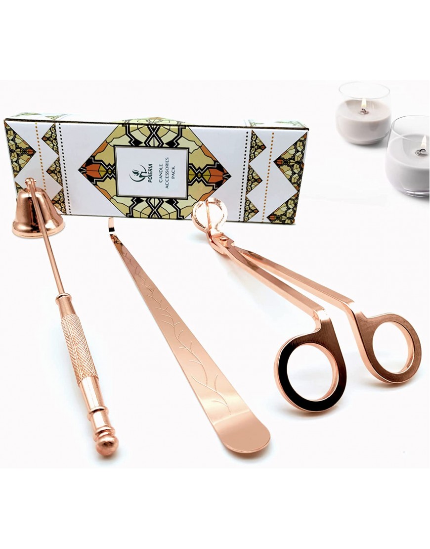 POIERIA Candle Snuffer Candle Wick Trimmer and Dipper,Candle Trimmer Set of 3,Stainless Steel Candle Wick Cutter,Great Gift Candle Accessory Set for Scented Candles Lovers Rose Gold
