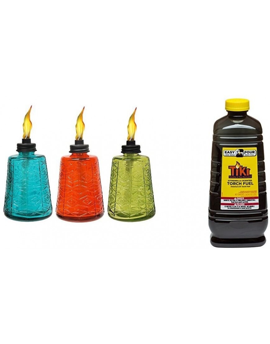 TIKI Brand 6-inch Glass Table Torch 3 pack Red Green & Blue & 64 oz. Citronella Scented Torch Fuel with Easy Pour System