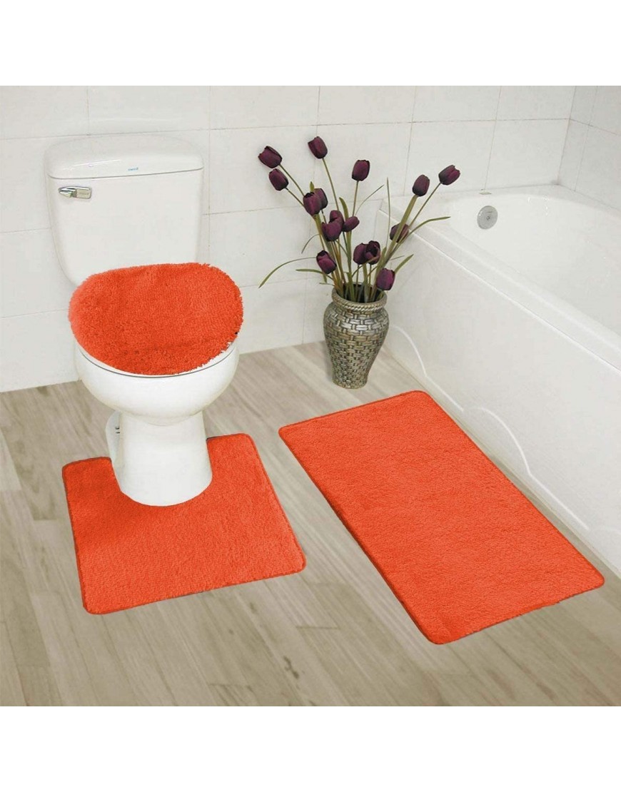 Elegant Home Goods Solid Color 3 Piece Bathroom Rug Set Bath Rug Contour Mat Lid Cover Non-Slip with Rubber Backing Solid Color New #6 Orange