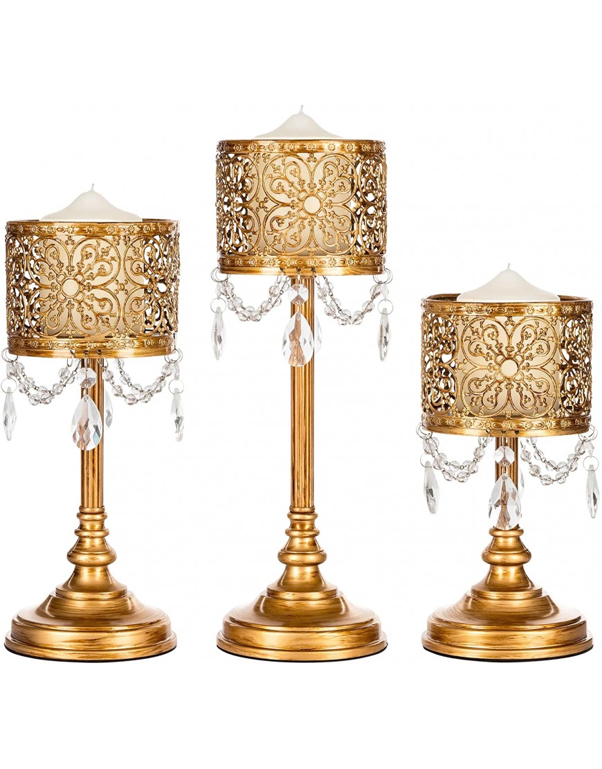 Amalfi Décor Victoria 3-Piece Antique Gold Hurricane Candle Holder Set with Crystals Metal Pillar Wedding Accent Stand