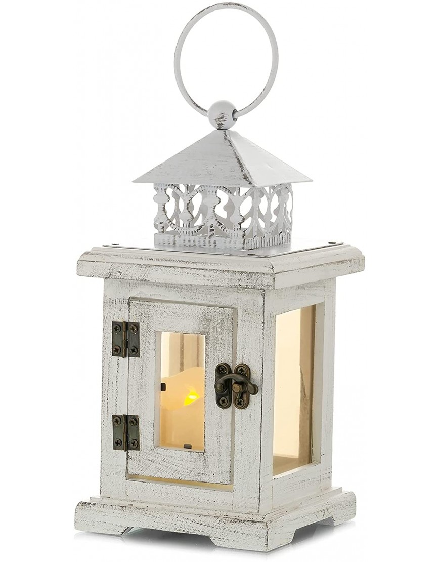 Decorative Candle Lantern Wood Farmhouse Rustic Distressed Wooden Candle Lantern Holder Small Hanging Tabletop for Indoor Outdoor Home Decor Porch Patio Coffee Table Decorations White