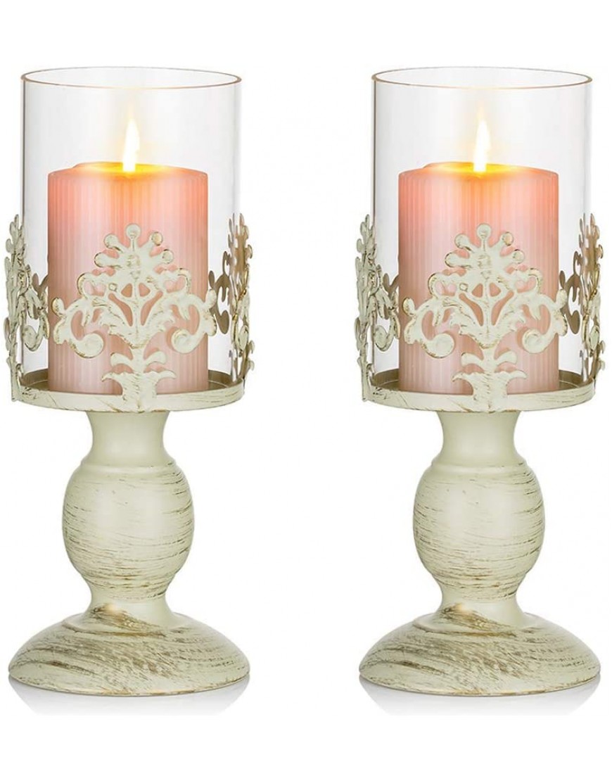 DLYDSSZZ Pcs of 2 Vintage Metal Pillar Candle Holder Antique Hurricane Candlestick with Glass Screen Cover Accent Display for Home Wedding Candlelight Dinner Decoration Color : Cream Size : 2 X S
