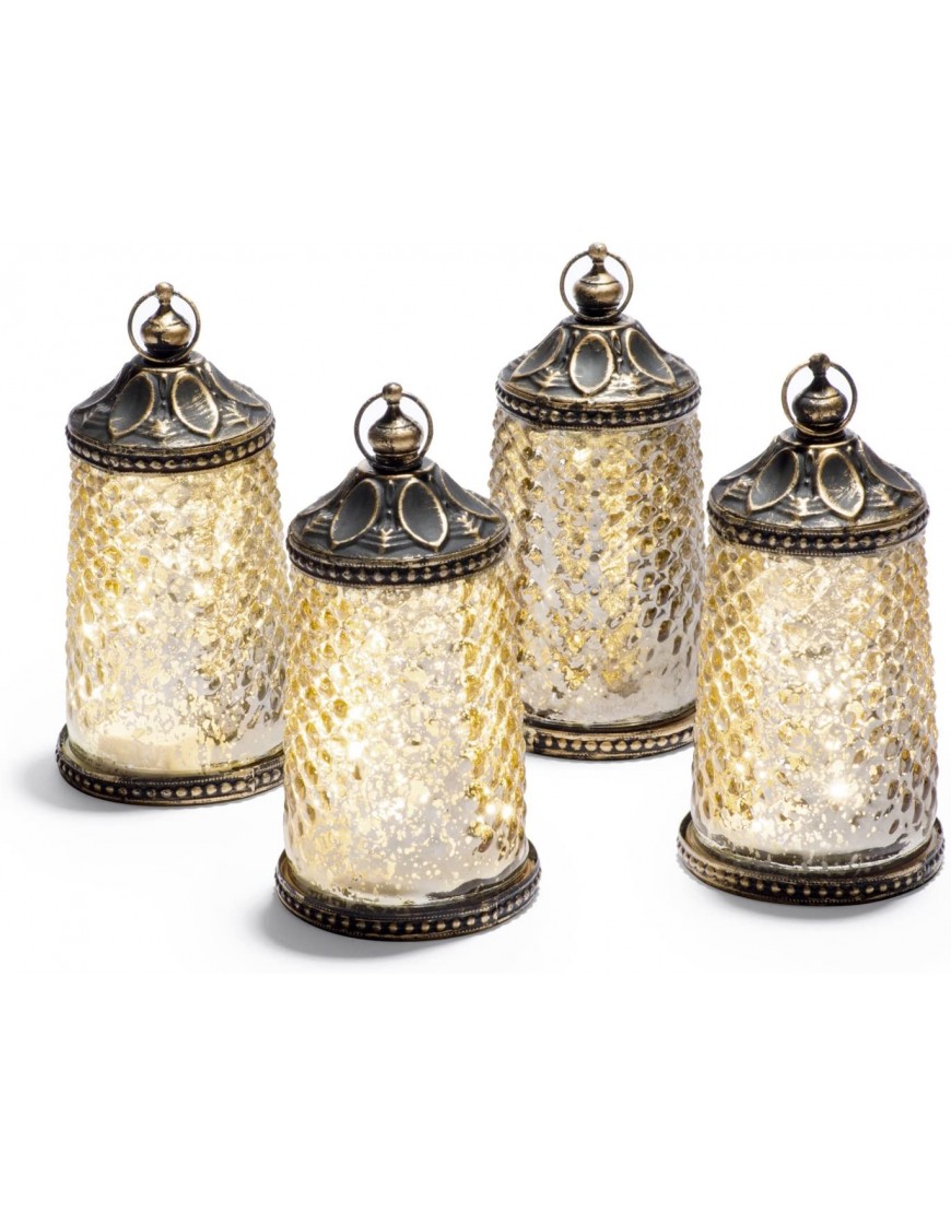 Mini Gold Mercury Glass Lanterns Set of 4 Warm White LED Lights 5.5 Inch Height Antique Bronze Accents Battery Operated for Home Decor Ramadan Weddings