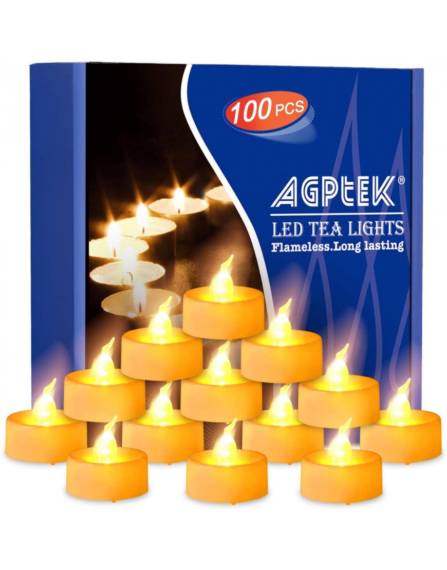 AGPTEK 100 Battery Operated LED Flameless Flickering Flashing Tea Light Candle Amber Yellow