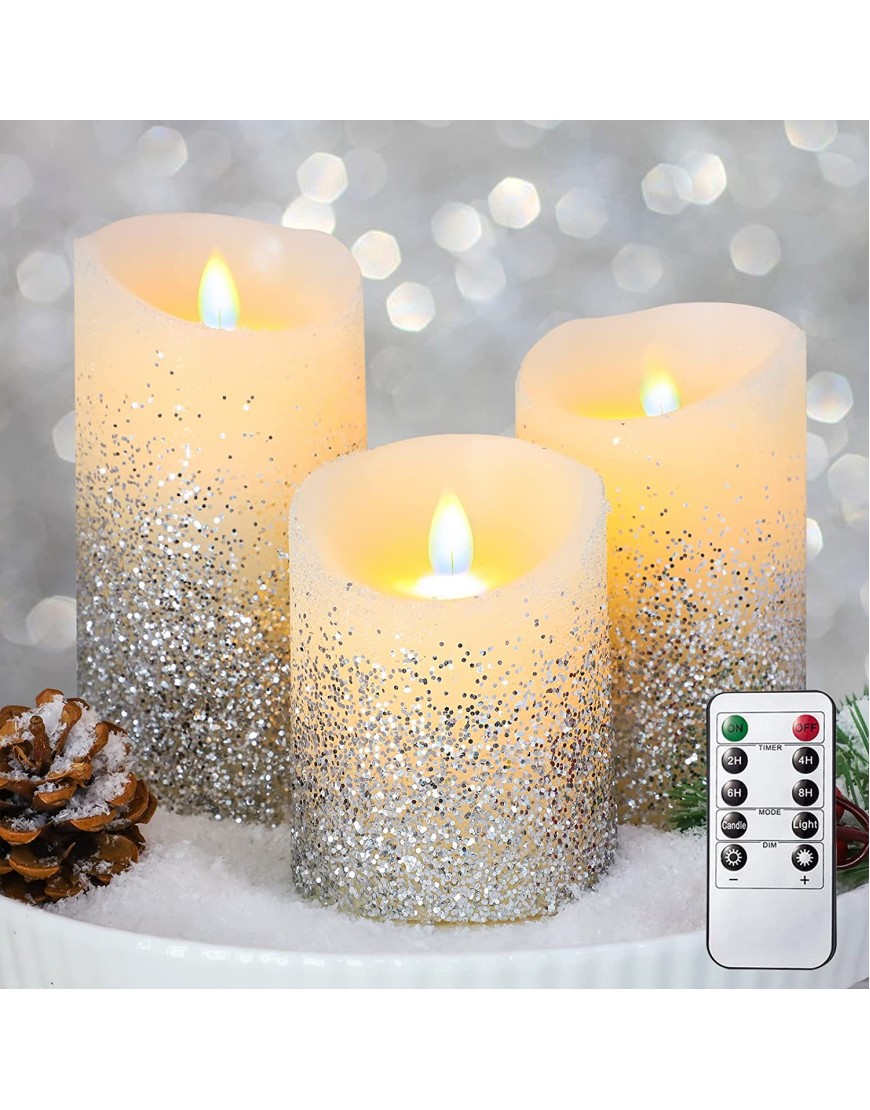 CHERIMENT Flickering Silver Powder Decorative Flameless Candles Set of 3 Holiday Theme Real Wax Pillar Candles Battery Powered LED Candles with Remote and Timer for Holiday Bedroom Bathroom Decor