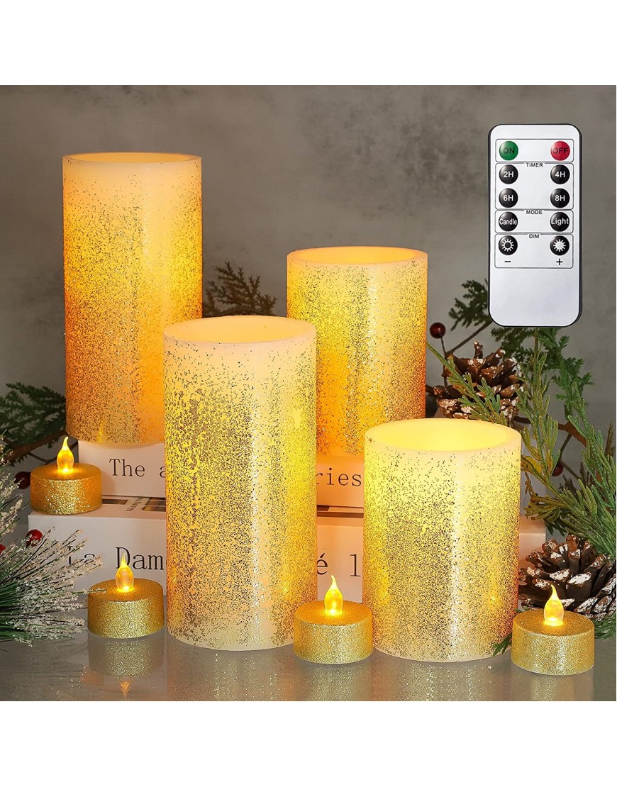 CHERIMRNT Flickering Gold Powder Decortive Flameless Candles Set of 8 New Year Battery Operated LED Candles with Remote Control for Christmas Fall Wedding Decor