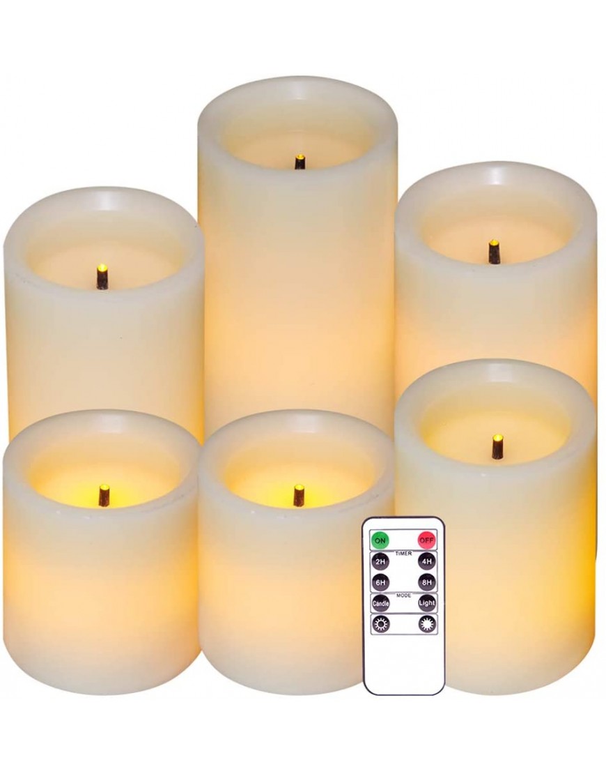 Eldnacele LED Flameless Flickering Candles Optical Fiber Wick with 10-Key Remote Control Timer Battery Operated Wax Candles Set of 6 DecorationD3" x H3" 4" 5" 6"7"