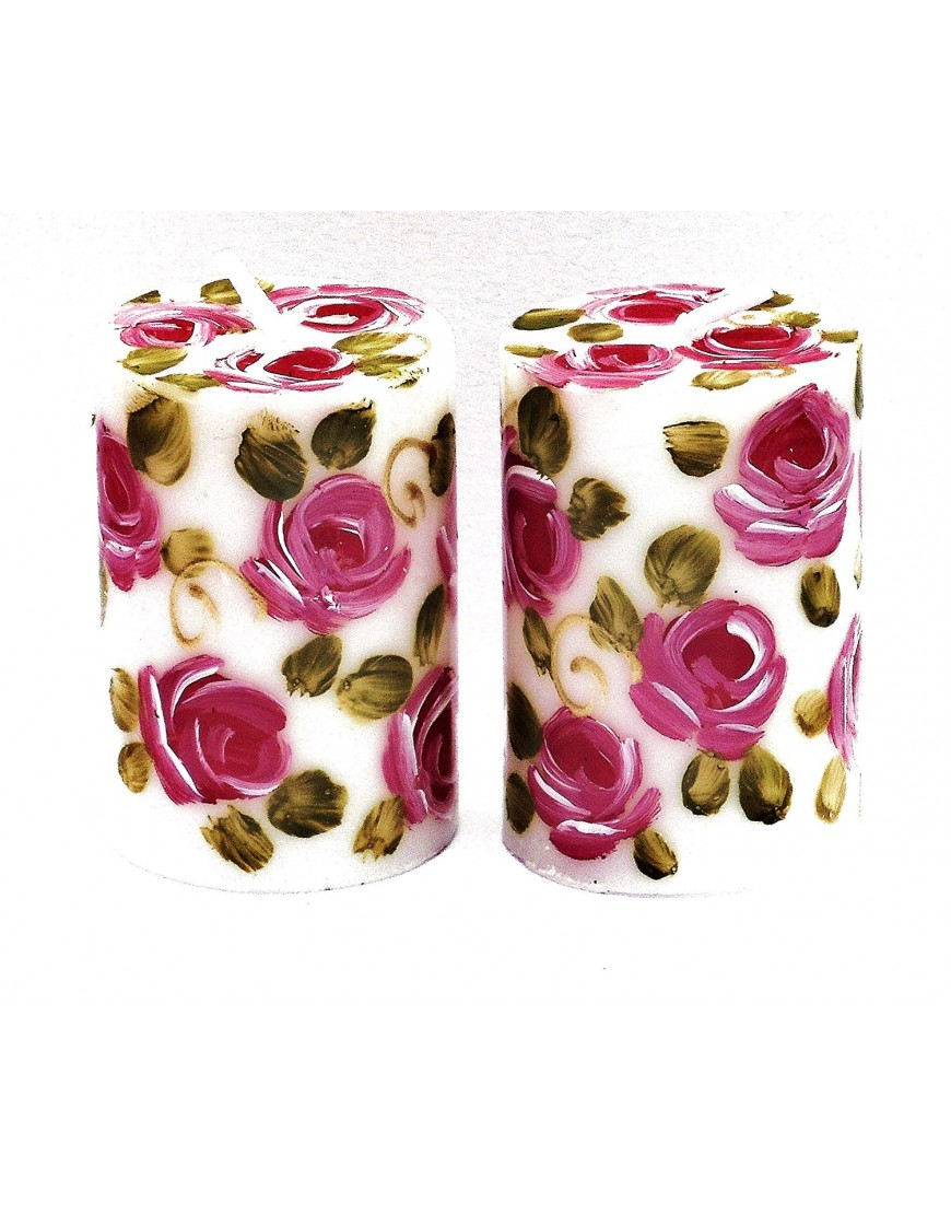 Elegant Decorative Hand Painted Pink Rose Small White Votive Candles Gift Set of 2 Romantic Shabby Chic Home Decor