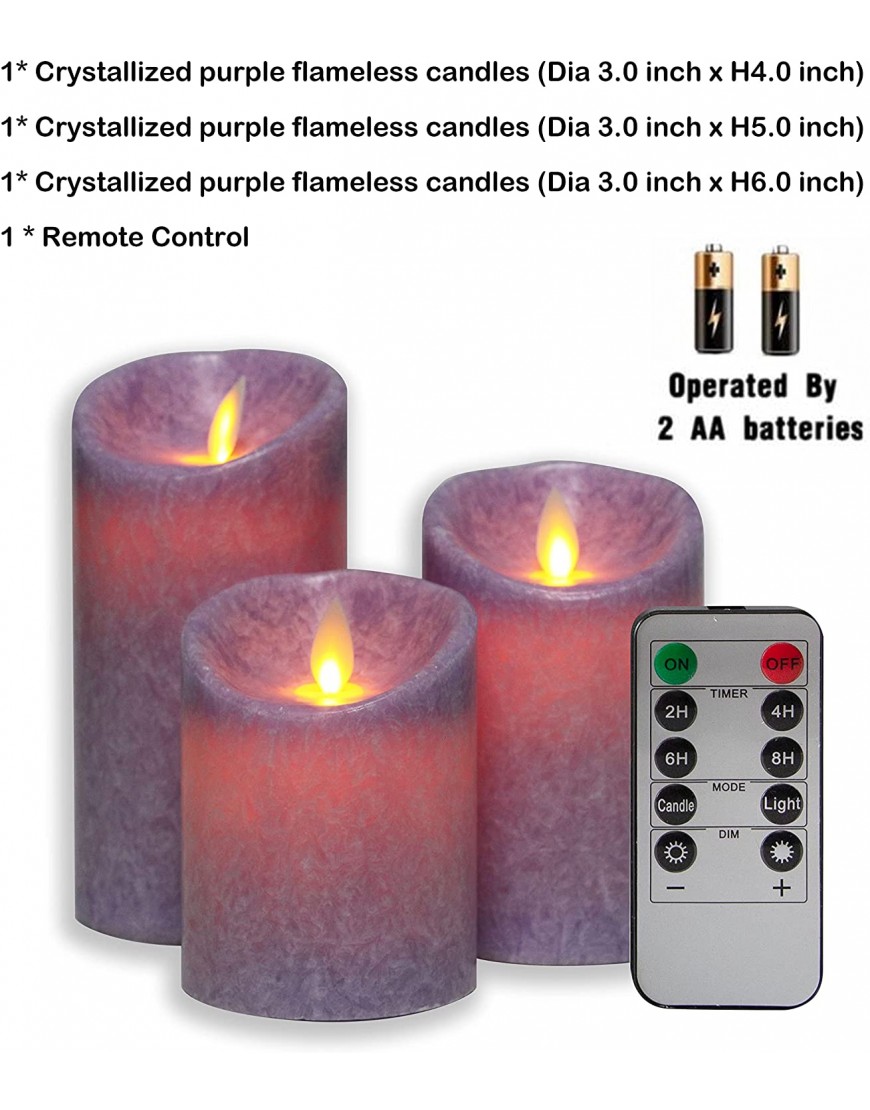 Kitch Aroma D 3" H 4" 5" 6" Crystallized Light Purple Flameless Candles with Remote Control Real Wax Battery Operated Pillars Candles with Flickering Flame and Timer Featured,Set of 3