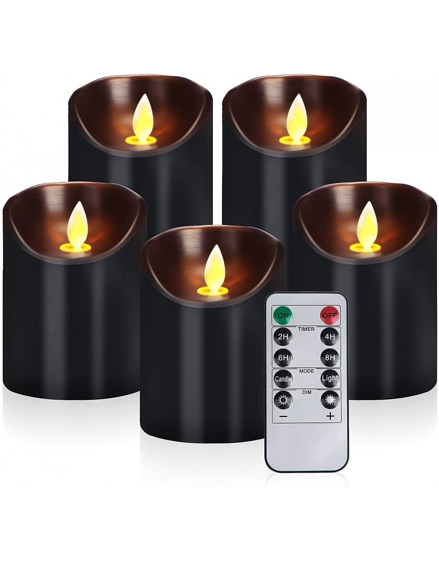 Pandaing Set of 5 Black Battery Operated Candles Pillar Real Wax Flameless Flickering LED Candles with Remote Control Timer