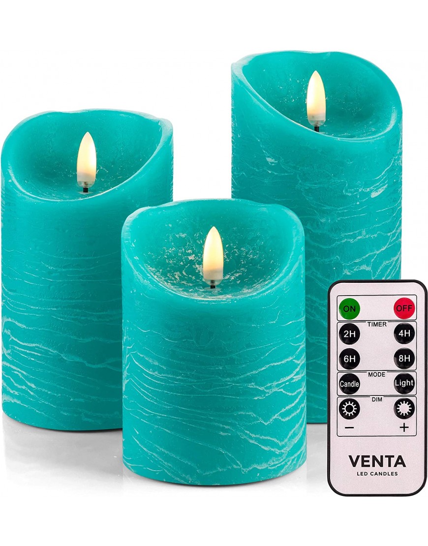 Set of 3 Realistic Flameless Turquoise LED Candles with Remote Control 4'' 5'' 6'' Electric Wickless Pillar Battery Operated Candles with Flickering Flame Timer
