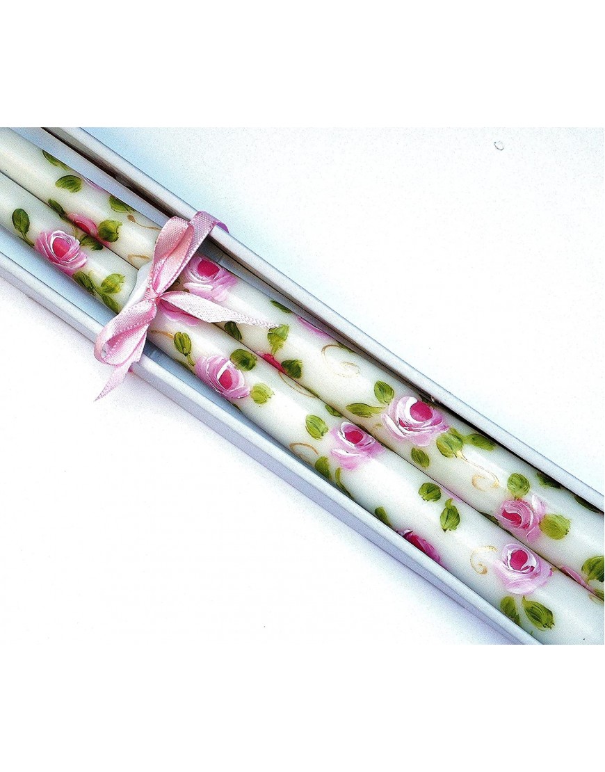 Shabby Chic Decor Hand Painted Light Pink Rose Dripless Smokeless White Taper Candles Boxed Set of Two