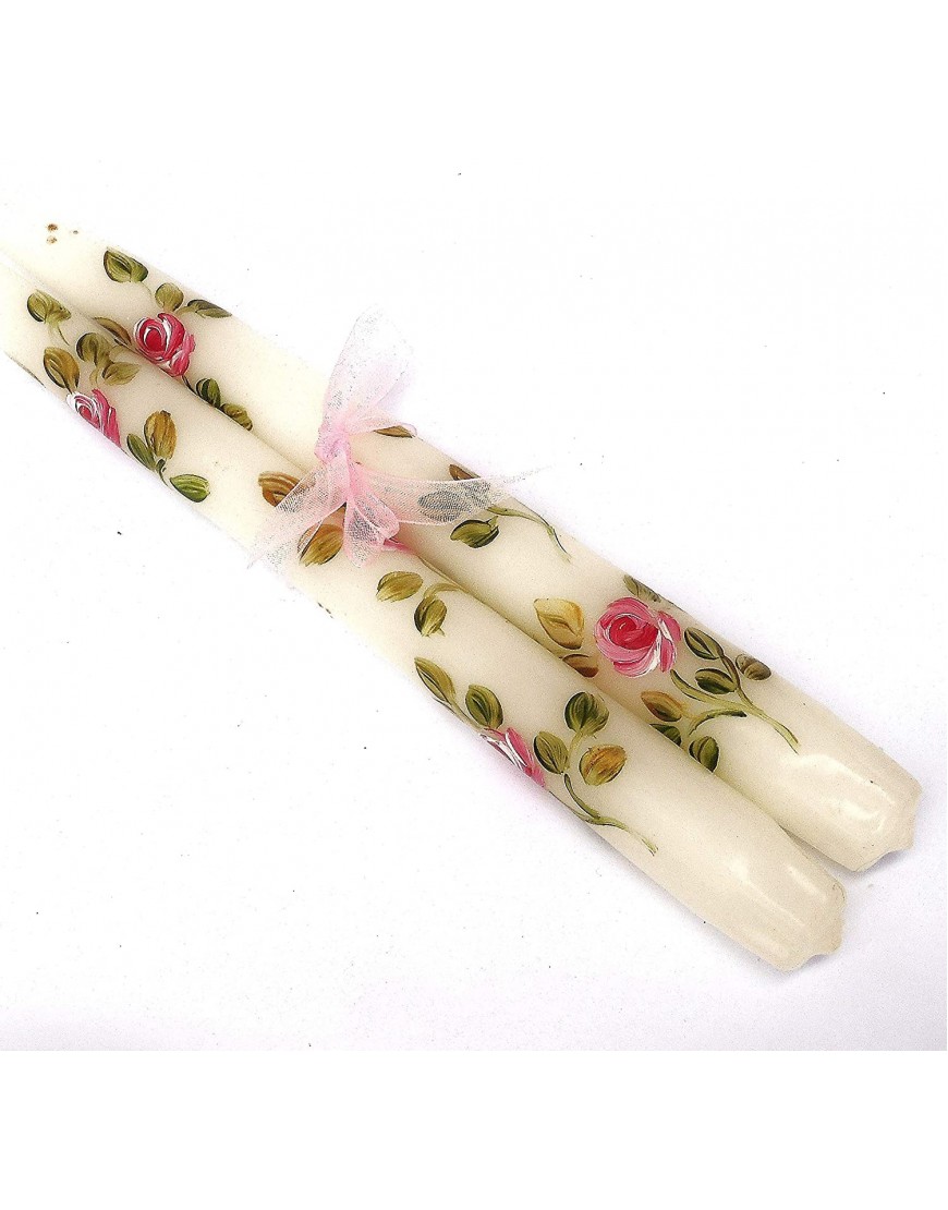 Unscented Dripless Decorative Hand Painted Pink Rose Off White Taper Candles Romantic Cottage Shabby Chic Decor