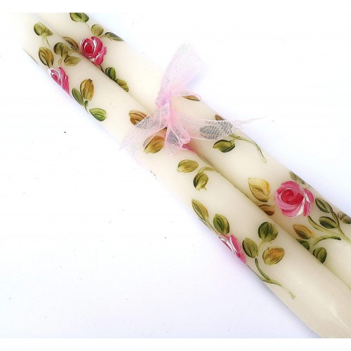 Unscented Dripless Decorative Hand Painted Pink Rose Off White Taper Candles Romantic Cottage Shabby Chic Decor