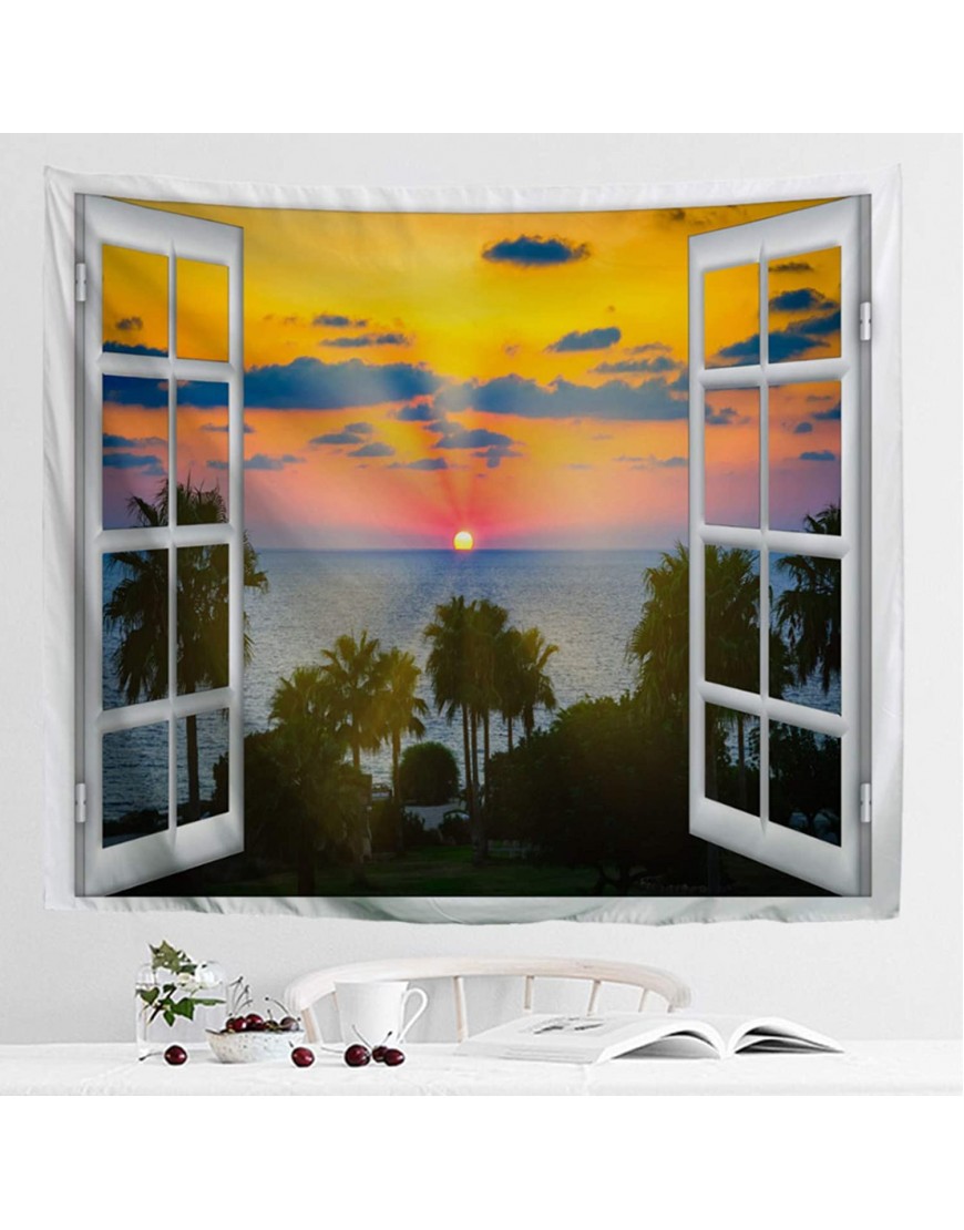 IcosaMro Ocean Sunset Tapestry Wall Hanging Window Beach Palm Tree Nature Landscape Scenery Wall Decorations Bohemian Home Decor for Bedroom 51x60 Inches Yellow
