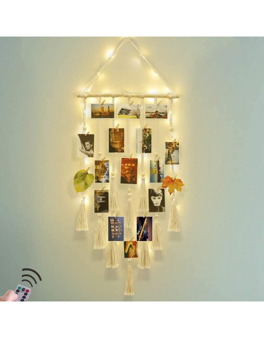 JUSTDOLIFE Hanging Photo Display Set: Wooden Bohemian LED Decorative Boho Home Decor Picture Frame with Light