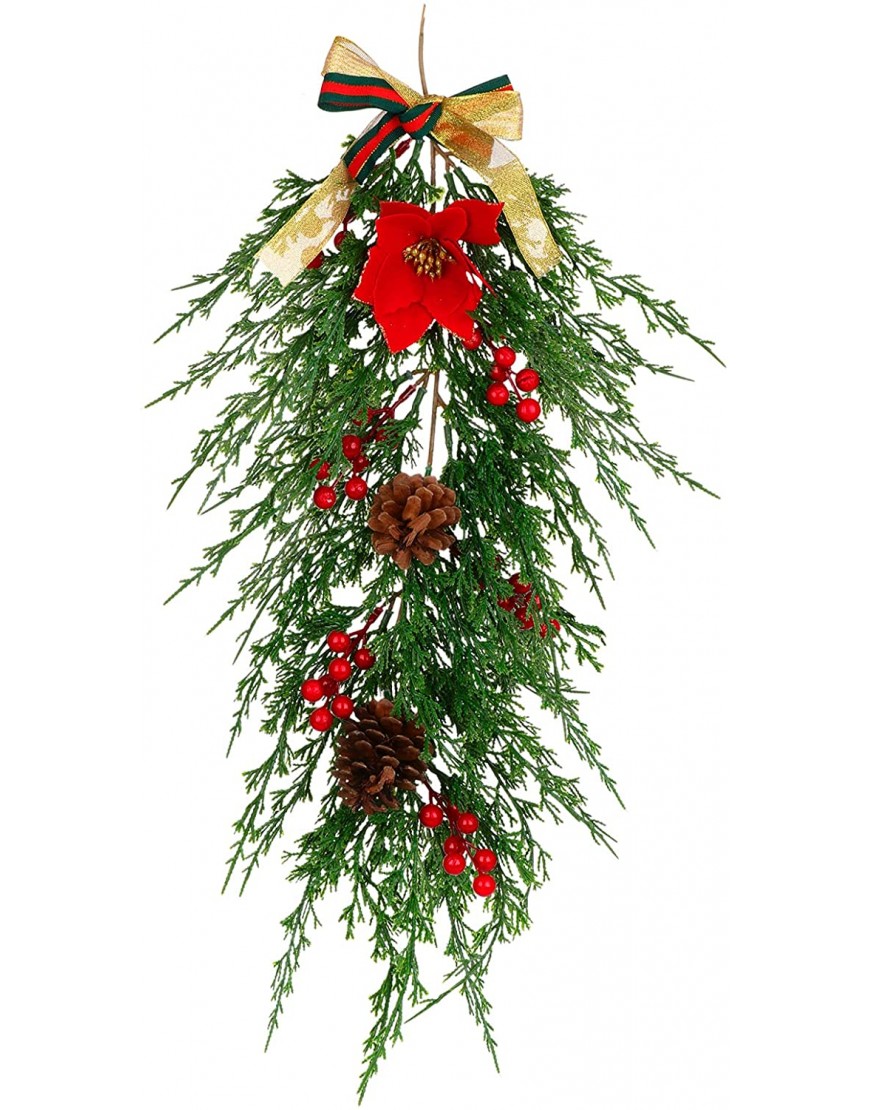 SFTYUFS 25.6inch Artificial Christmas Teardrop Swag Wreaths Poinsettia Swags with Red Berries Wintry Pine Tear Drop Swag Holiday Pine Door Swag for Front Door Wall Hanging Home Decor