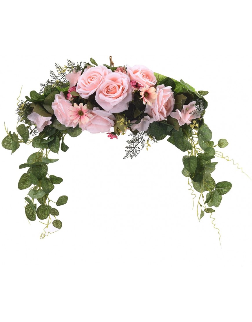Yugust Decorative Floral Swag,23.6in Artificial Rose Wreath with Green Leaves Twig Rattan Front Door Peony Floral Arch Garland Swag for Wedding Party Home Decor,Pink