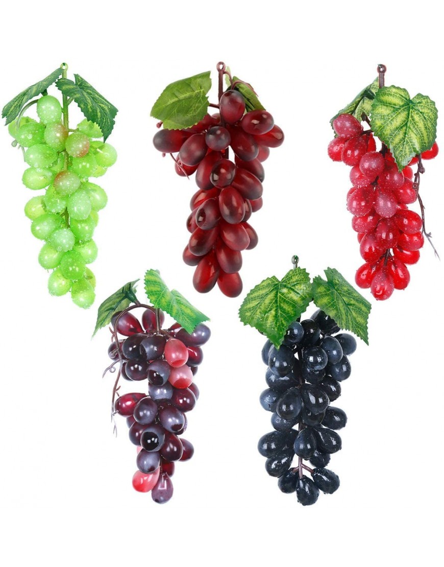 5 Pcs Artificial Grapes Faux Fruit Fake Realistic Grapes Clusters Decor Plastic Grapes and Vines Decorative Rubber Grapes Bunches in Black Purple Red Green Photography Bowl Prop Food Ornaments