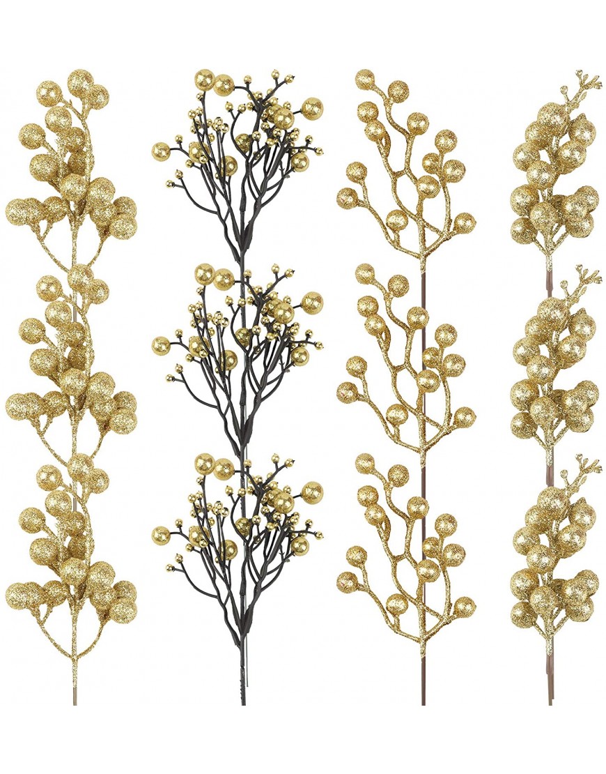 ELCOHO 12 Pack Christmas Gold Glitter Berries Stems 7.8 Inches Artificial Holly Berries Picks Winter Berries Bunch Berry Branches for Christmas Tree Ornaments DIY Xmas Wreath Crafts Home Decor