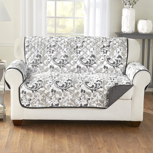 Welcome Industrial Scroll Pattern Protective Loveseat Cover with Reverse Side Charcoal Gray