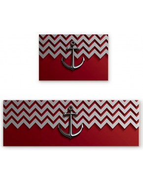Kitchen Bath Rug Runner Set Nautical Anchor and Moire Design on a Red Background 2 Piece Non Slip Backing Area Rugs Floors Runner Machine Washable Accent Runners （19.7x31.5in + 19.7x47.2in）