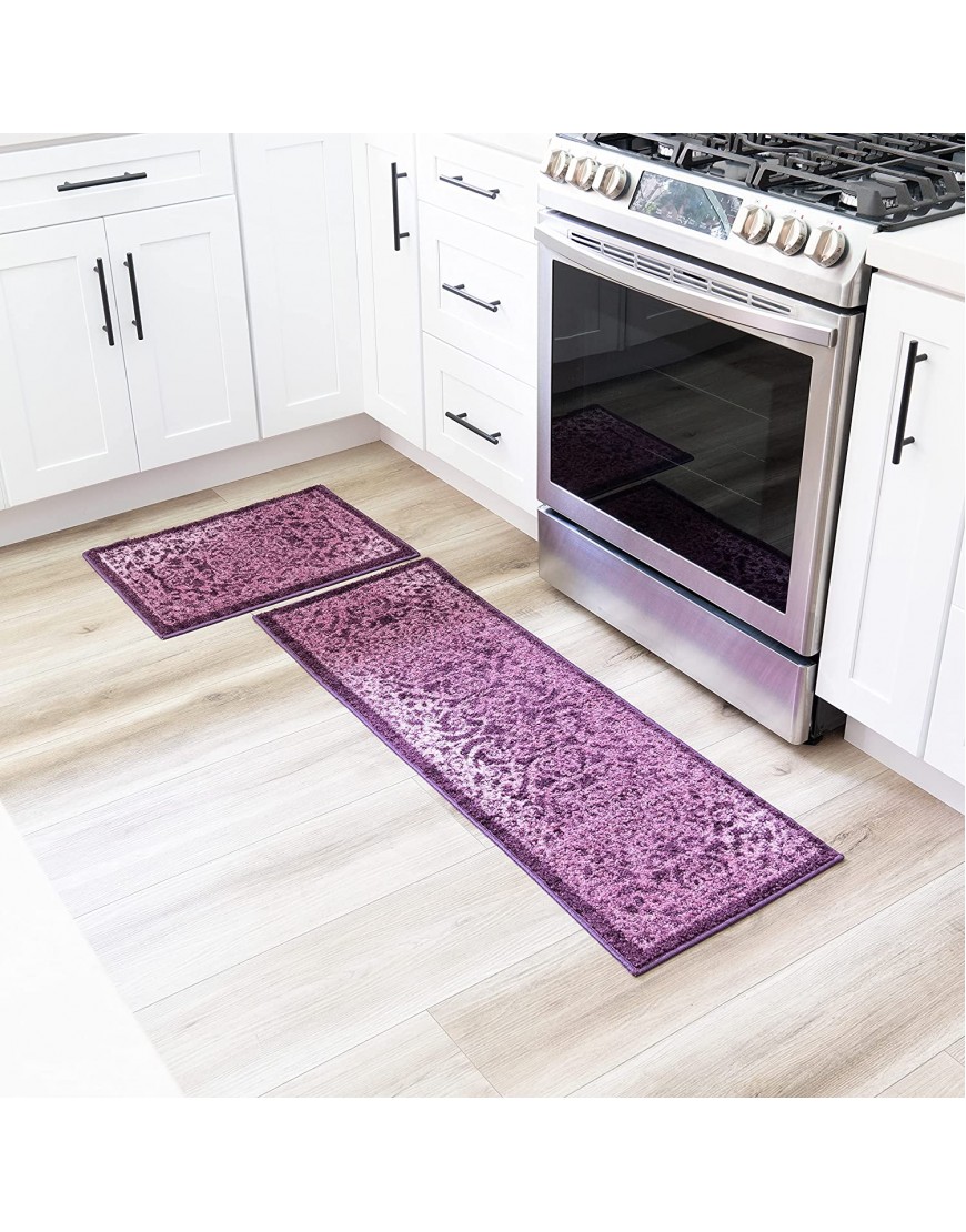 Maples Rugs Pelham Vintage Non Skid 2pc Kitchen Rugs Set [Made in USA] Washable Floor Mat for Under Sink Entryway and Laundry 2pc Set Wineberry