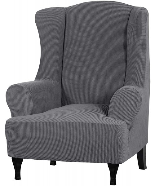 Stretch Wingback Chair Covers Wing Chair Slipcover Wing Chair Covers Furniture Covers for Wingback Chairs Furniture Cover Feature Soft Thick Small Checked Jacquard Fabric Washable Grey
