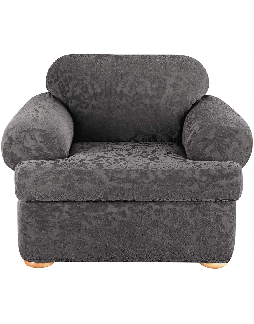 SureFit Home Décor Home Décor Stretch Jacquard Damask T-Cushion Chair Two Piece Slipcover Form Fit Polyester Spandex Machine Washable Gray Color