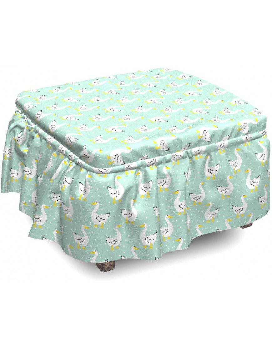 Ambesonne Animal Print Ottoman Cover Goose Cartoon 2 Piece Slipcover Set with Ruffle Skirt for Square Round Cube Footstool Decorative Home Accent Standard Size Mint Green Earth Yellow and White