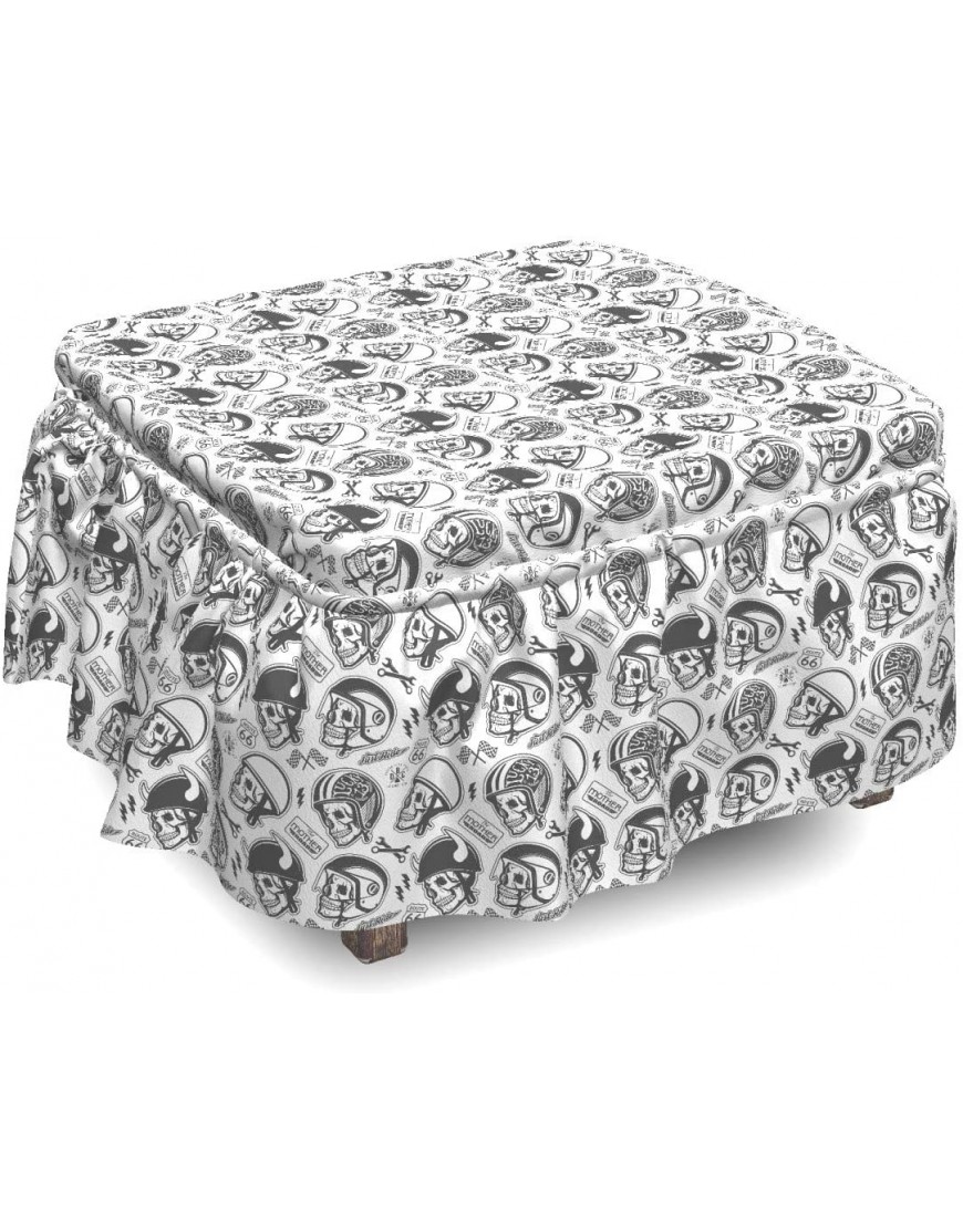 Ambesonne Black White Ottoman Cover Rider Skull Pattern 2 Piece Slipcover Set with Ruffle Skirt for Square Round Cube Footstool Decorative Home Accent Standard Size Charcoal Grey White