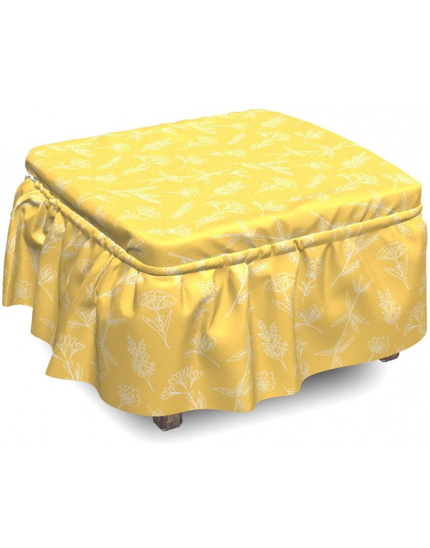 Ambesonne Floral Ottoman Cover Wildflowers Outline Drawings 2 Piece Slipcover Set with Ruffle Skirt for Square Round Cube Footstool Decorative Home Accent Standard Size Mustard and White