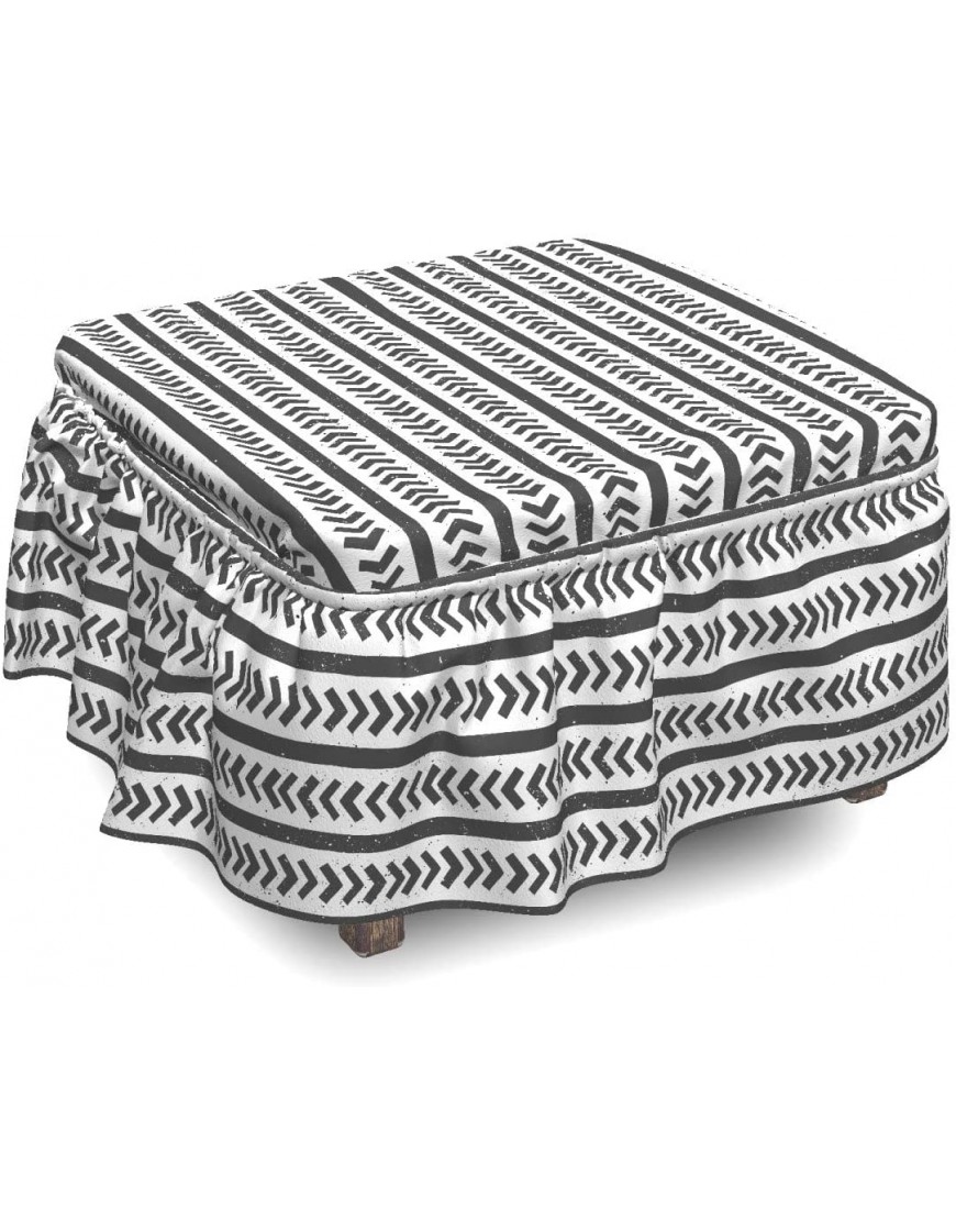 Ambesonne Geometric Ottoman Cover Stripes Arrow Shapes 2 Piece Slipcover Set with Ruffle Skirt for Square Round Cube Footstool Decorative Home Accent Standard Size Charcoal Grey and White