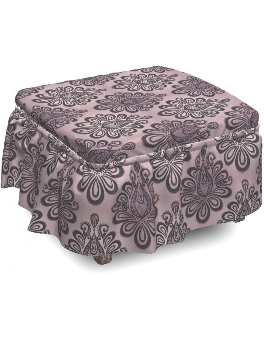 Ambesonne Traditional Ottoman Cover Damask Black Motifs 2 Piece Slipcover Set with Ruffle Skirt for Square Round Cube Footstool Decorative Home Accent Standard Size Mauve Charcoal Grey