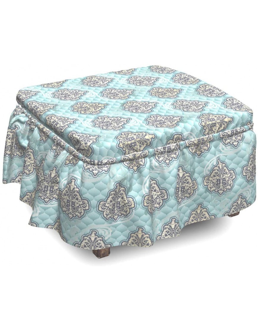 Ambesonne Victorian Ottoman Cover Rococo Era Designs 2 Piece Slipcover Set with Ruffle Skirt for Square Round Cube Footstool Decorative Home Accent Standard Size Pale Blue Ivory