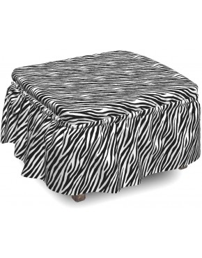 Ambesonne Zebra Print Ottoman Cover Savage Animal Skin Deco 2 Piece Slipcover Set with Ruffle Skirt for Square Round Cube Footstool Decorative Home Accent Standard Size Charcoal Grey and White