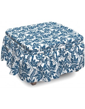 Lunarable Blue and White Ottoman Cover Garden Design Leaves 2 Piece Slipcover Set with Ruffle Skirt for Square Round Cube Footstool Decorative Home Accent Standard Size Night Blue and White