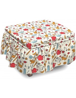 Lunarable Cartoon Ottoman Cover Doodle Cat Breakfast 2 Piece Slipcover Set with Ruffle Skirt for Square Round Cube Footstool Decorative Home Accent Standard Size Red Cream Orange