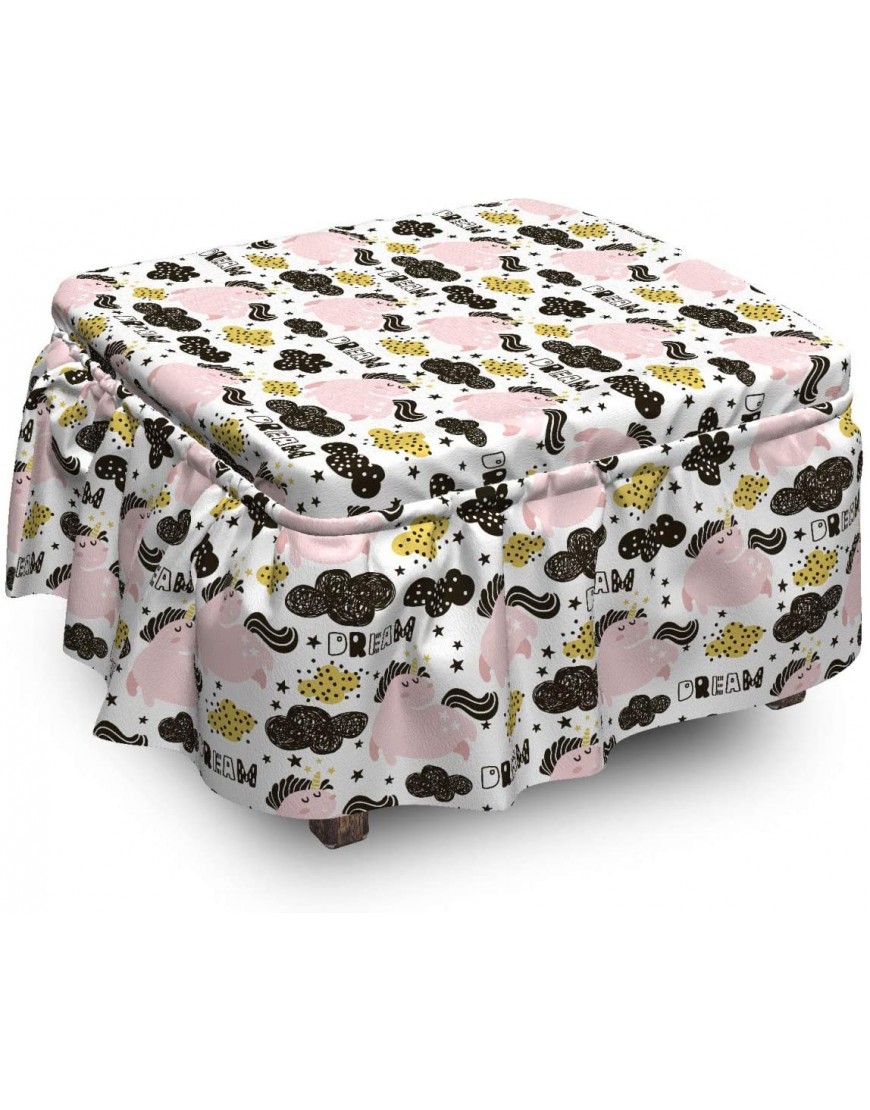 Lunarable Childish Ottoman Cover Unicorns and Clouds 2 Piece Slipcover Set with Ruffle Skirt for Square Round Cube Footstool Decorative Home Accent Standard Size Blush Earth Yellow