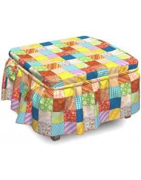 Lunarable Colorful Ottoman Cover Quilt Style Floral Plaid 2 Piece Slipcover Set with Ruffle Skirt for Square Round Cube Footstool Decorative Home Accent Standard Size Multicolor