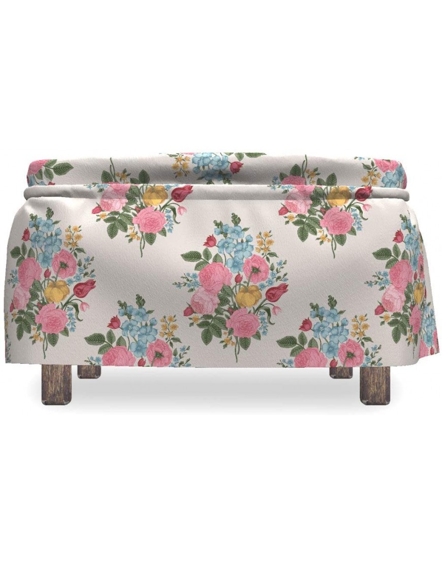 Lunarable Flower Ottoman Cover Bouquet of Romantic Flowers 2 Piece Slipcover Set with Ruffle Skirt for Square Round Cube Footstool Decorative Home Accent Standard Size Multicolor