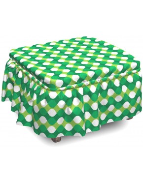 Lunarable Jade Green Ottoman Cover Zigzag Chirstmas Tree 2 Piece Slipcover Set with Ruffle Skirt for Square Round Cube Footstool Decorative Home Accent Standard Size Emerald Yellow Green White