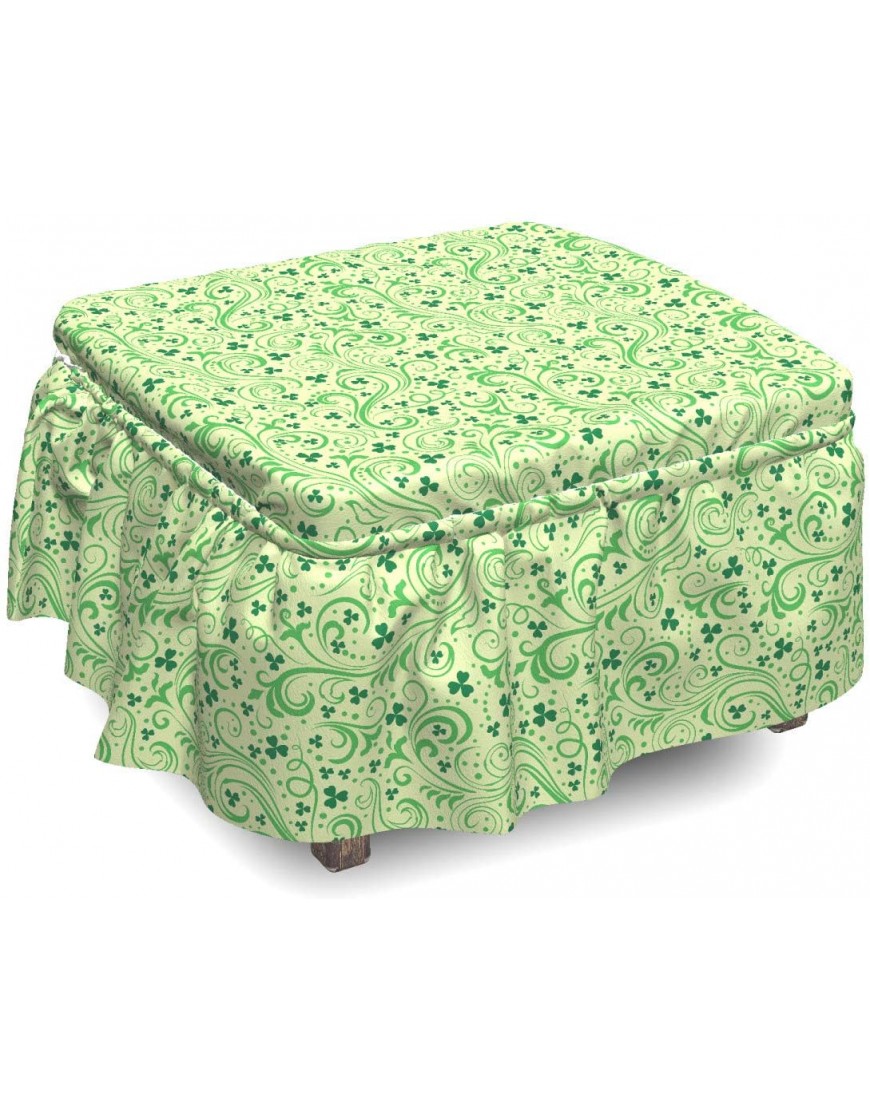 Lunarable Shamrock Ottoman Cover Swirls and Leaves Fortune 2 Piece Slipcover Set with Ruffle Skirt for Square Round Cube Footstool Decorative Home Accent Standard Size Pale Green Emerald Green