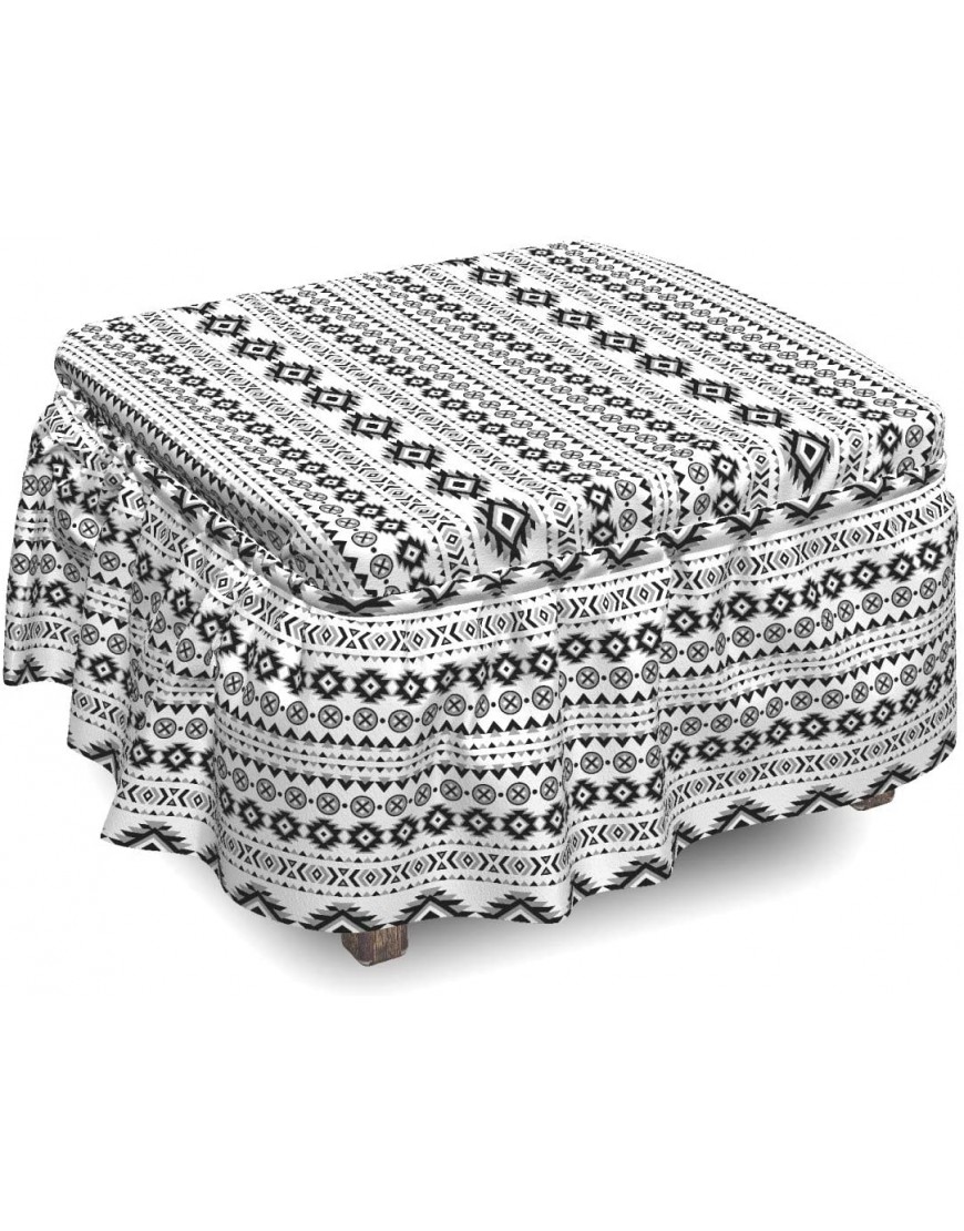 Lunarable Tribal Ottoman Cover Monochrome Circles Ethnic 2 Piece Slipcover Set with Ruffle Skirt for Square Round Cube Footstool Decorative Home Accent Standard Size Black Grey White