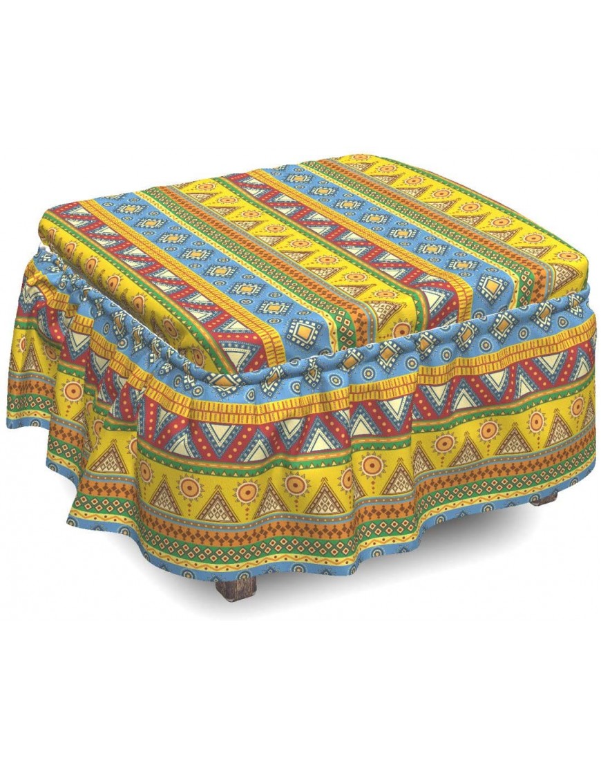 Lunarable Tribal Ottoman Cover Peruvian Folkloric 2 Piece Slipcover Set with Ruffle Skirt for Square Round Cube Footstool Decorative Home Accent Standard Size Multicolor
