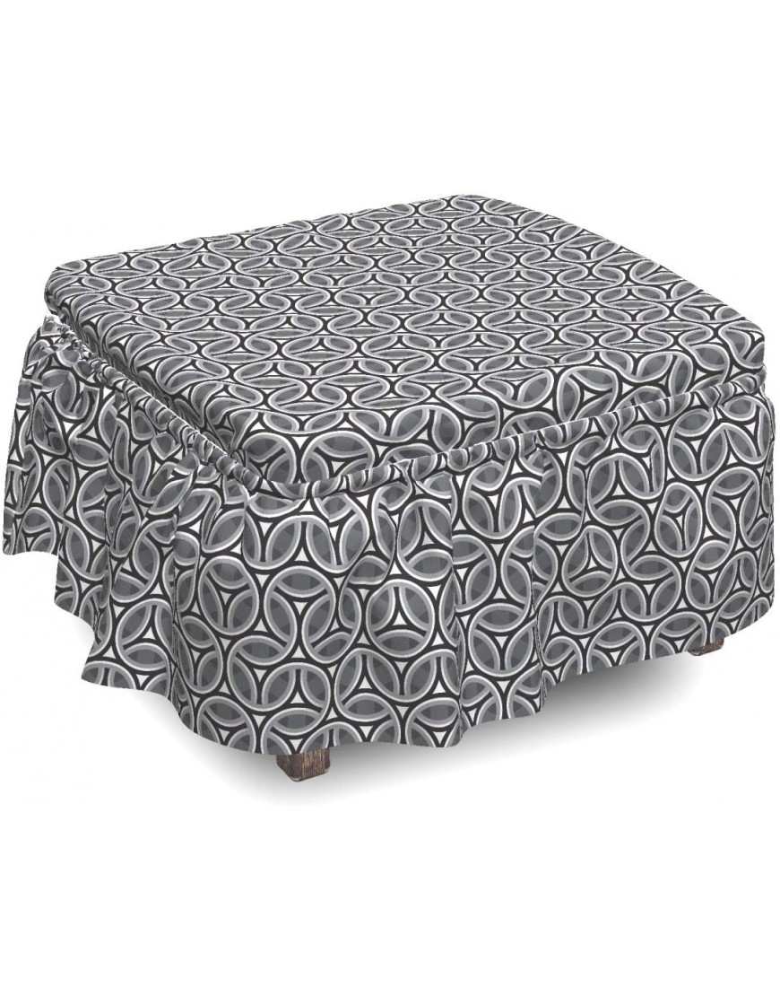 Lunarable Vintage Ottoman Cover Tiled Art Deco Ornament 2 Piece Slipcover Set with Ruffle Skirt for Square Round Cube Footstool Decorative Home Accent Standard Size Grey Black White