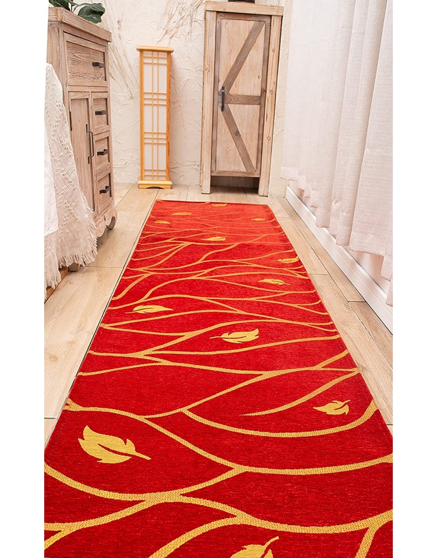 AMIDA 2.3'x9' Runner Washable Non Slip Rugs Gold Leaves Rust Rug Red Gabbeh Chic Flat Weave Non Shedding