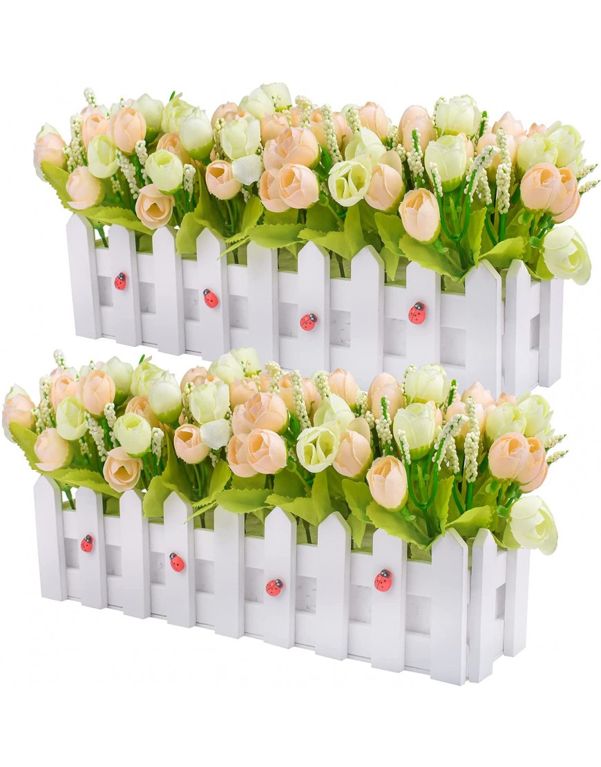 Artificial Flower Plants Roses and Rosebuds in Picket Fence Pot for Indoor Office Wedding Home Decor Light Green & Champagne Set of 2